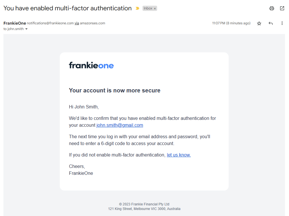 Sample email confirming MFA is enabled for account.