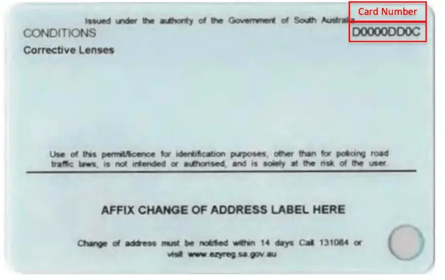 South Australia Driver Licence sample - back