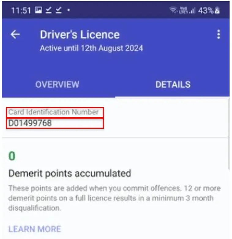 South Australia Digital Driver Licence sample – DetailsTab