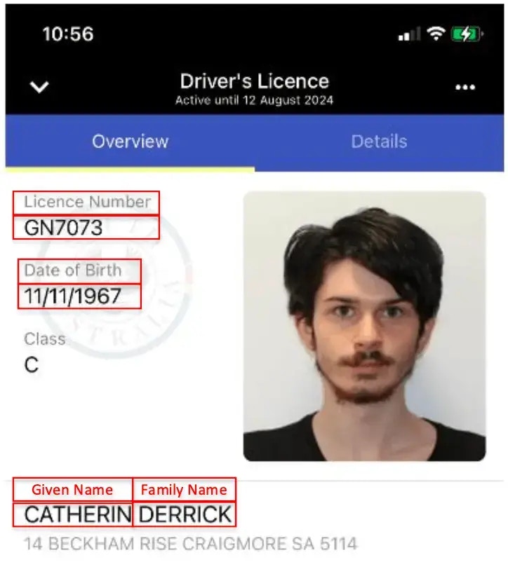 South Australia Digital Driver Licence sample – Overview Tab