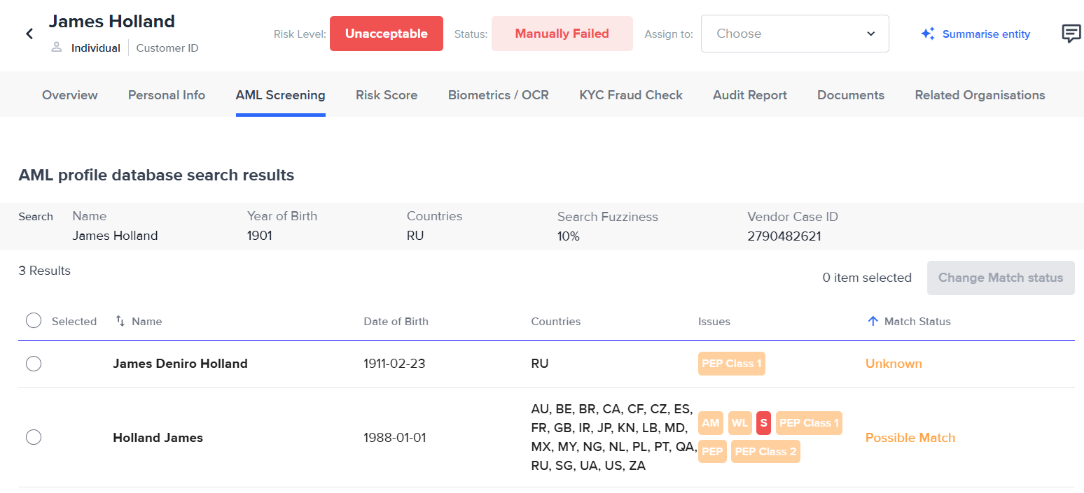 AML Screening tab