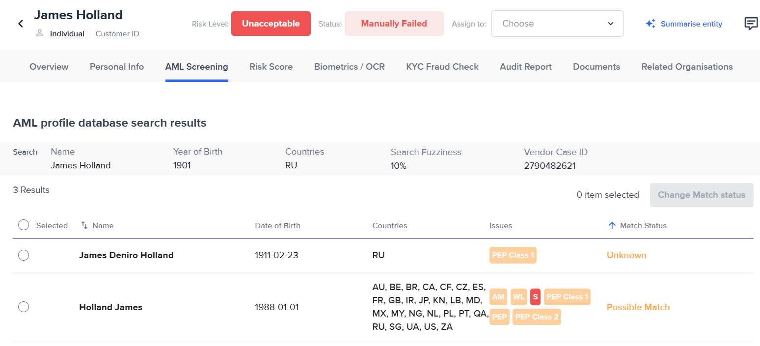 Image AML Screening tab