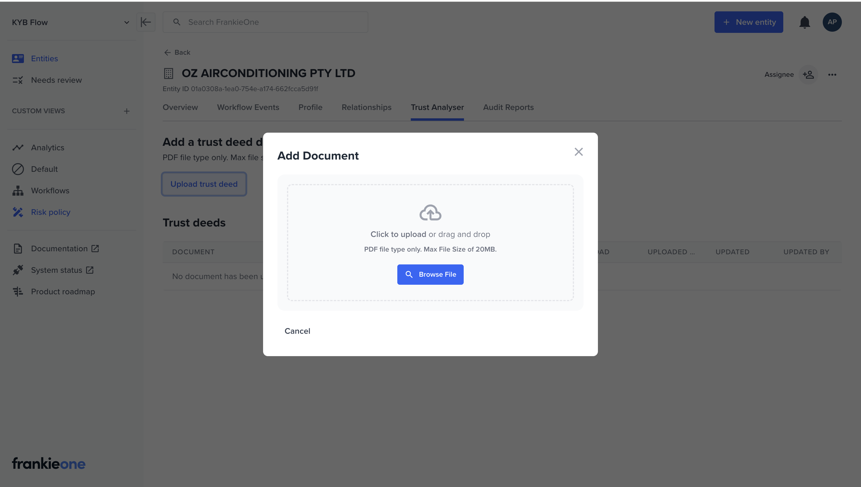 Add Document dialog for uploading a trust deed