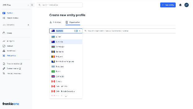 Create new entity profile screen with the Organization tab open and the country dropdown expanded