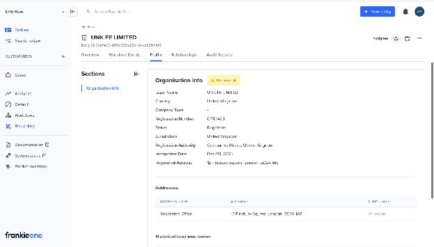 Entity Profile tab showing Organisation info and the registered office address