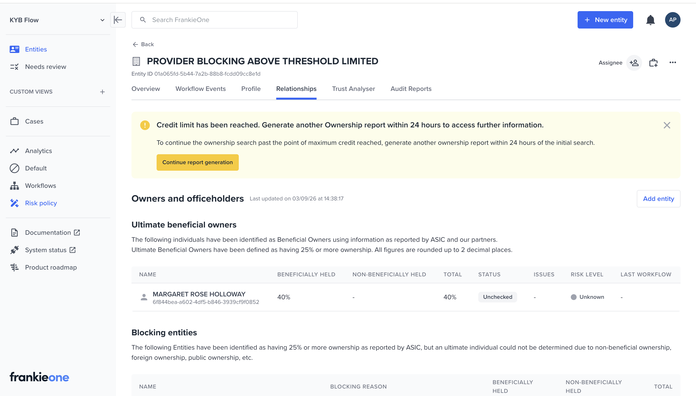 Relationships tab showing a Credit limit has been reached banner with a Continue report generation button, above the Ultimate beneficial owners table
