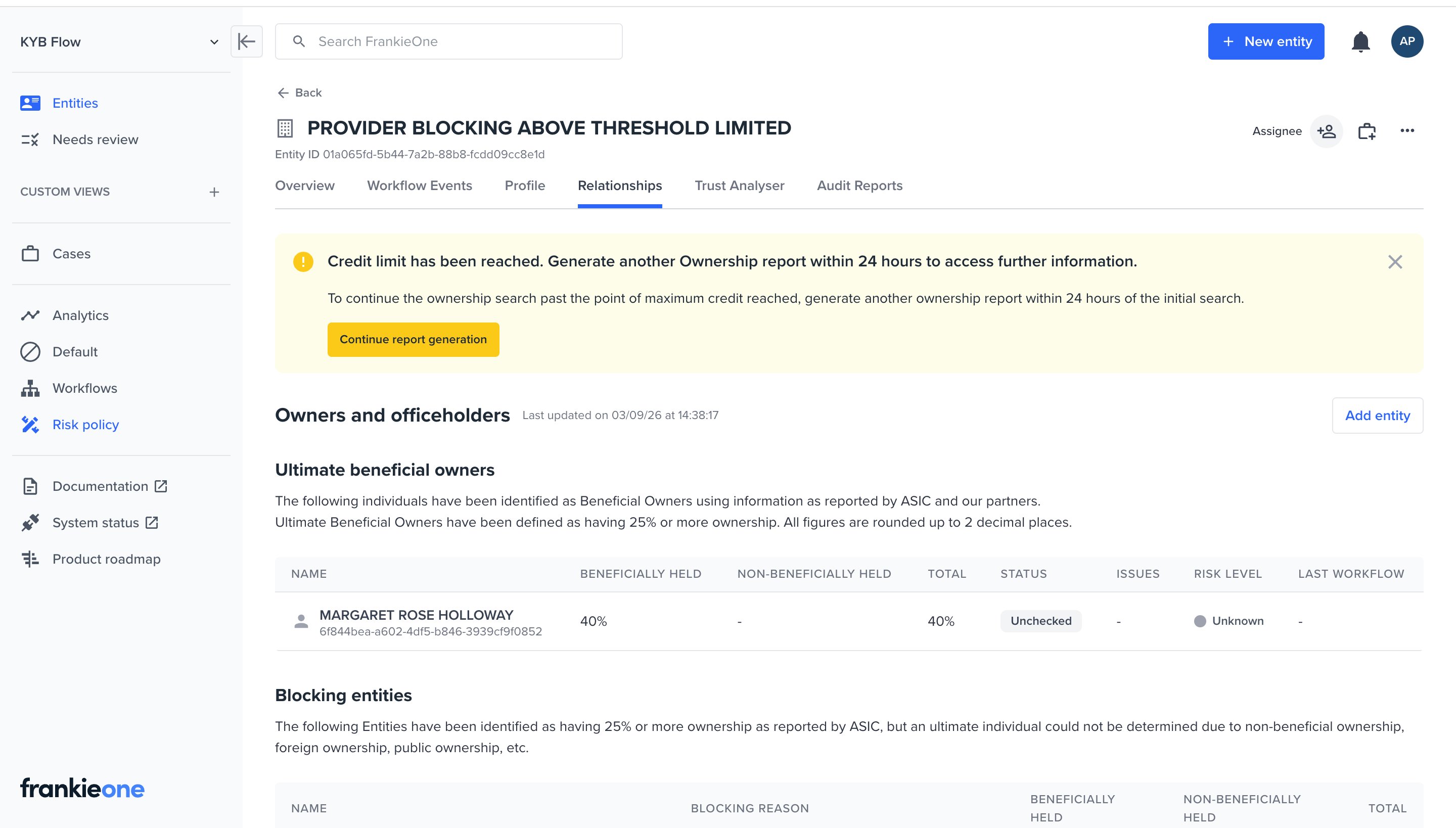 Relationships tab showing a Credit limit has been reached banner with a Continue report generation button, above the Ultimate beneficial owners table