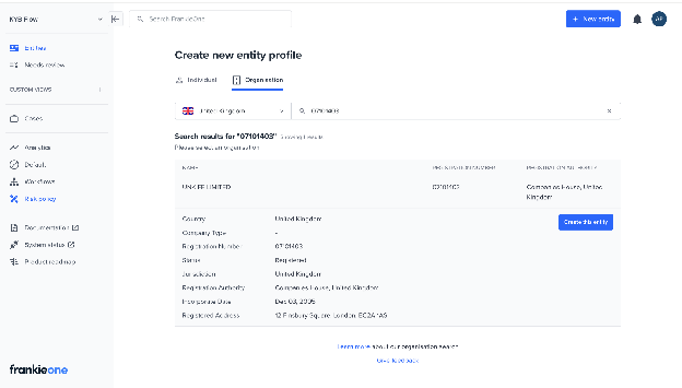 Organization search results for a United Kingdom company, expanded to show registry details and a Create this entity button