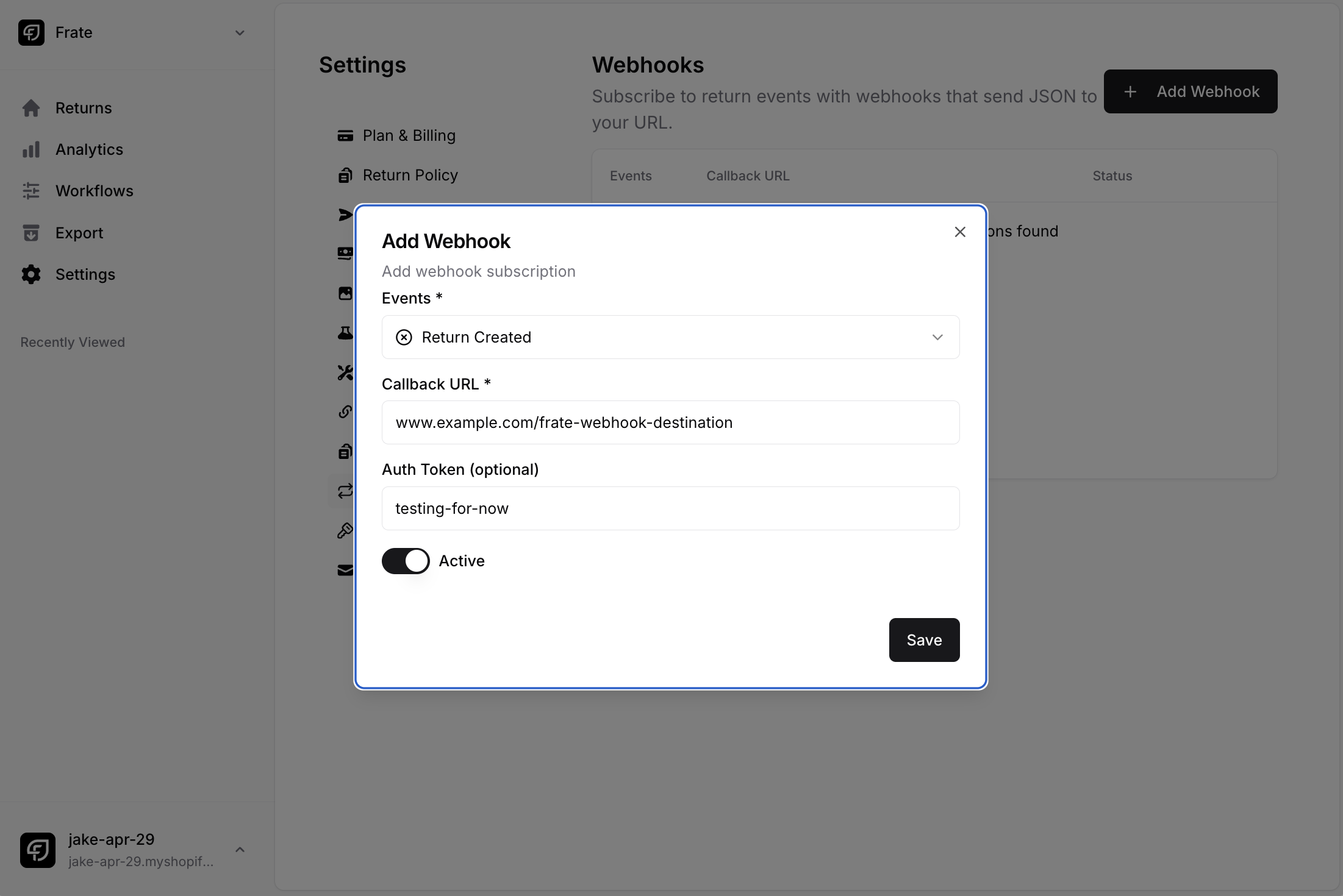 Webhook subscription UI example
