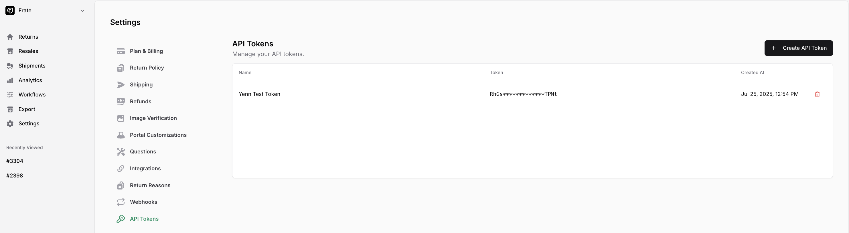 API token UI example