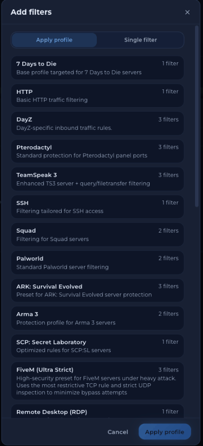 Add filters dialog with Apply profile and Single filter tabs and a grid of profiles such as 7 Days to Die, HTTP, DayZ, Pterodactyl, TeamSpeak 3, SSH and Minecraft Java, each with a filter count
