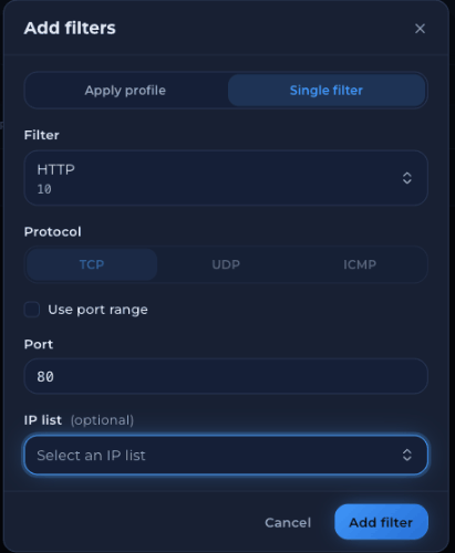 Single filter tab with Filter, Protocol, Use port range, Port and IP list (optional) fields and Cancel and Add filter buttons