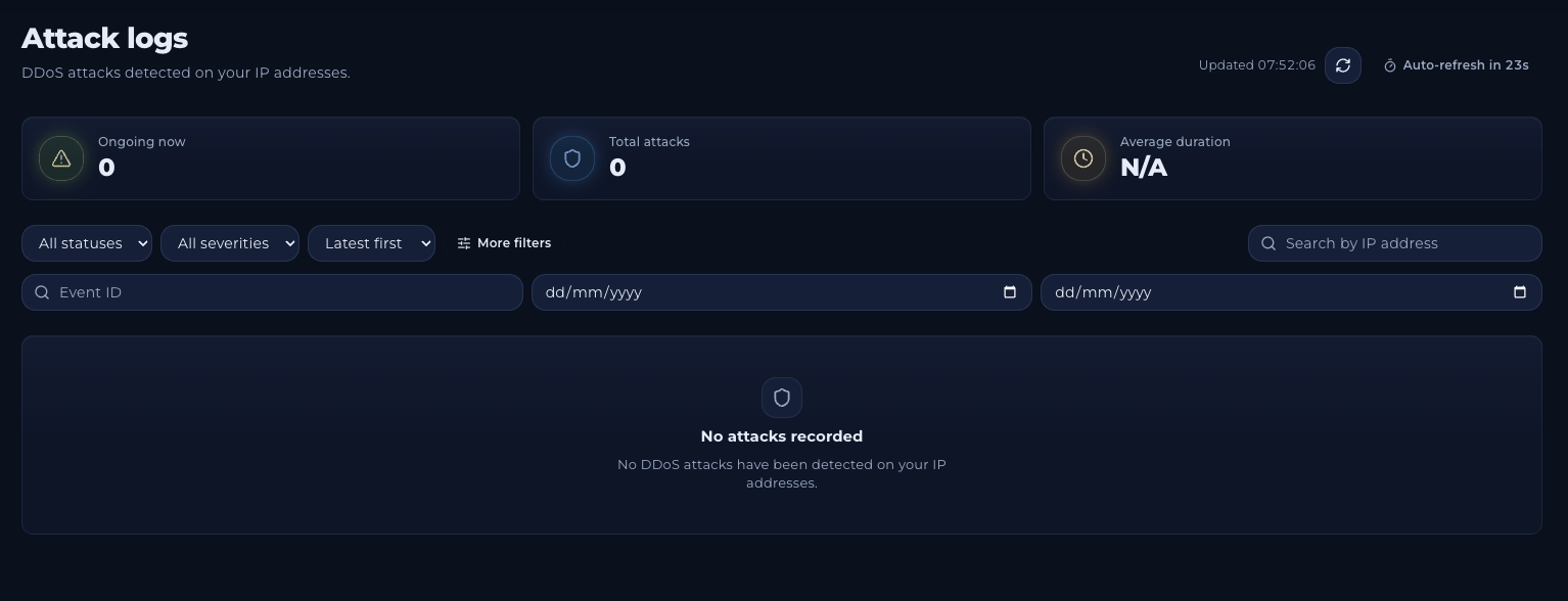 Attack logs page with Ongoing now, Total attacks and Average duration counters, status, severity and sort filters, a More filters button, a search box and the message No attacks recorded