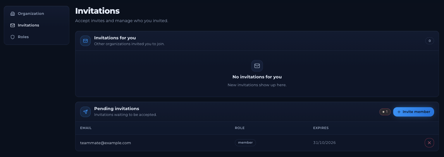 Invitations tab with an Invitations for you section and a Pending invitations table showing email, role, expiry date and a cancel button