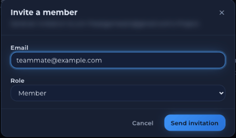 Invite a member dialog with an Email field, a Role drop-down and Cancel and Send invitation buttons