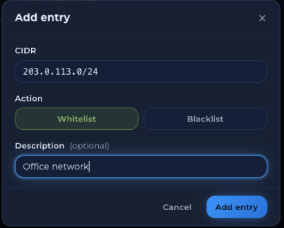 Add entry dialog with CIDR, Action (Whitelist or Blacklist) and Description fields and Cancel and Add entry buttons