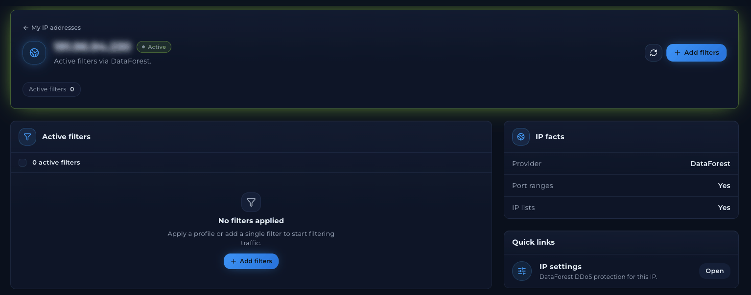 IP overview page showing an Active badge, Active filters via DataForest, an Add filters button, the message No filters applied, and IP facts with Port ranges Yes and IP lists Yes