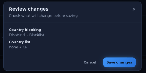 Review changes dialog listing each changed setting with its old and new value, and Cancel and Save changes buttons