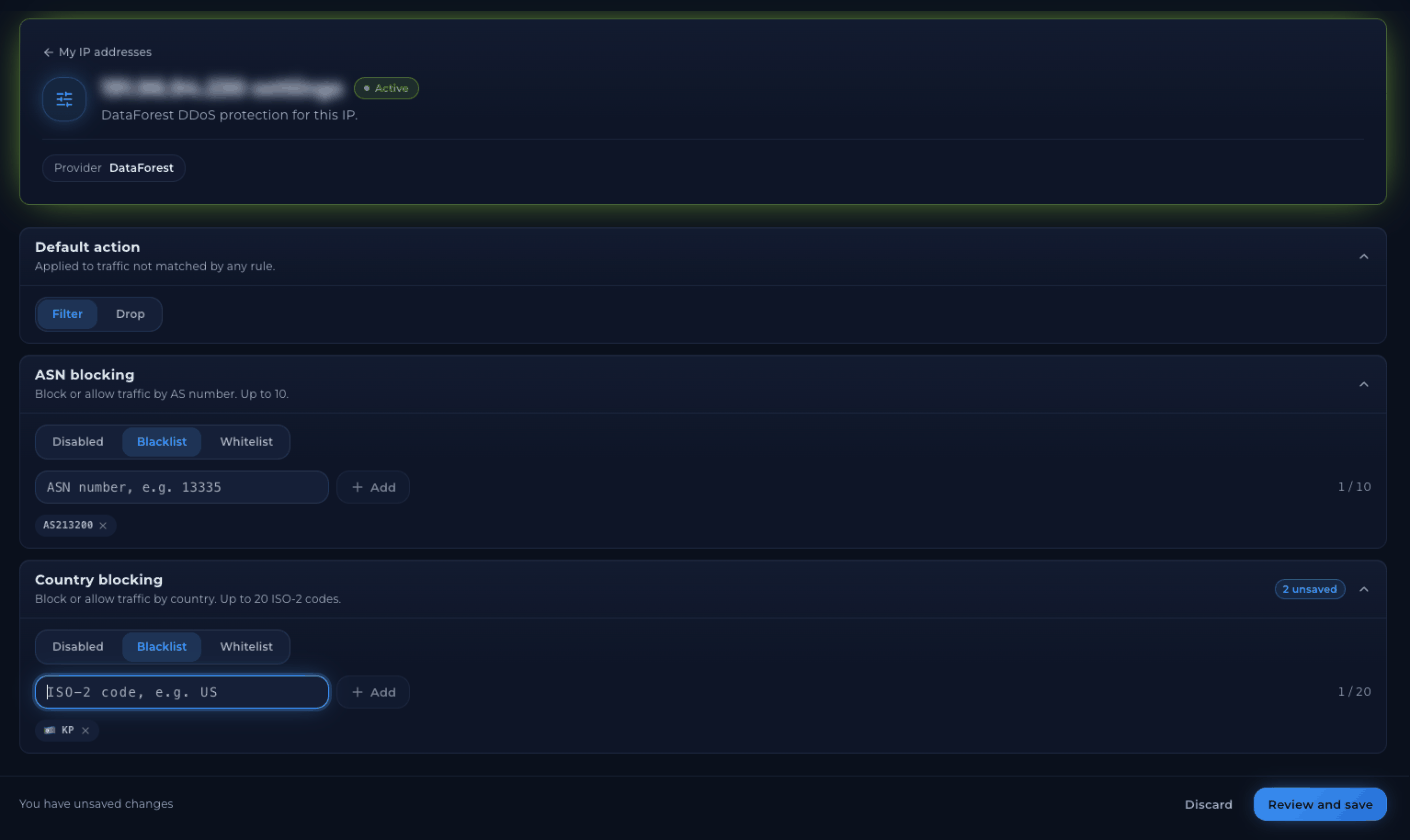 IP settings page with Default action set to Filter, ASN blocking and Country blocking each set to Disabled, and a Review and save button