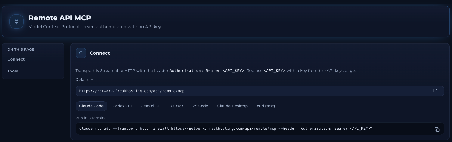 Remote API MCP page with the server URL and copy button, and setup tabs for Claude Code, Codex CLI, Gemini CLI, Cursor, VS Code, Claude Desktop and curl