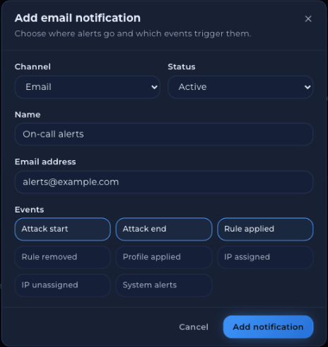 Add notification dialog with Channel, Status, Name and Webhook URL fields, and event buttons for Attack start, Attack end, Rule applied, Rule removed, Profile applied, IP assigned, IP unassigned and System alerts