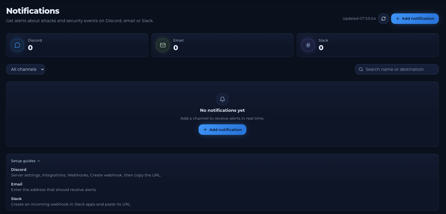 Notifications page with Discord, Email and Slack counters, a channel filter, a search box, the Add notification button and setup guides for each channel