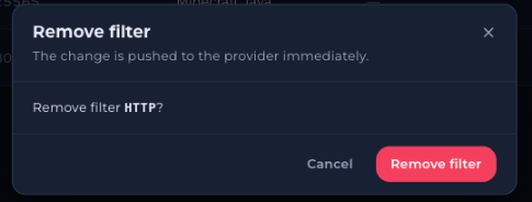 Remove filter dialog saying the change is pushed to the provider immediately, with Cancel and Remove filter buttons