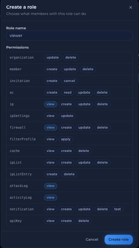 Create a role dialog with a Role name field and a grid of permission buttons for each resource