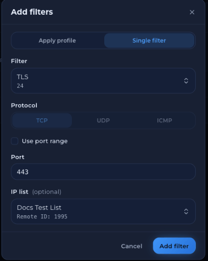 Single filter tab with the IP list drop-down open showing a list name and its Remote ID