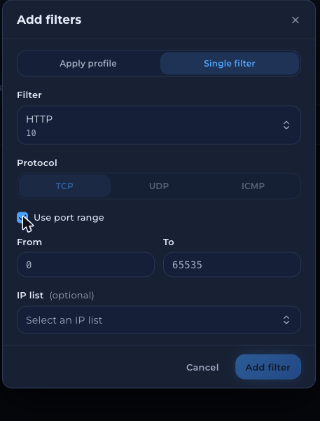 Single filter tab with Use port range ticked and From and To port fields