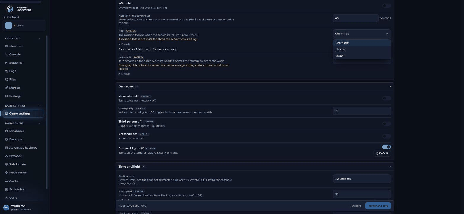 DayZ Map setting in Game settings with Chernarus, Livonia and Sakhal options