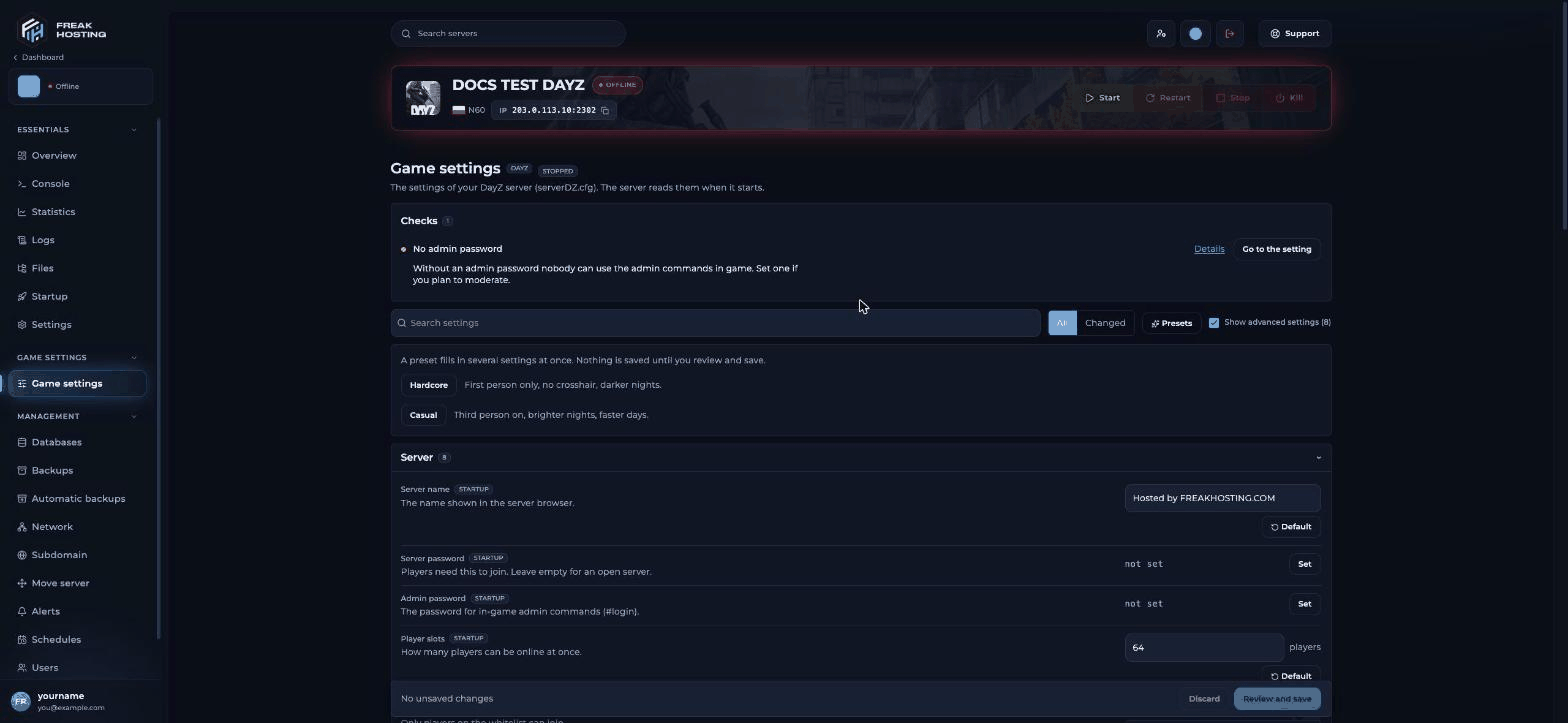 DayZ Game settings page in the FREAKHOSTING Game Panel showing the Server group, presets and Review and save