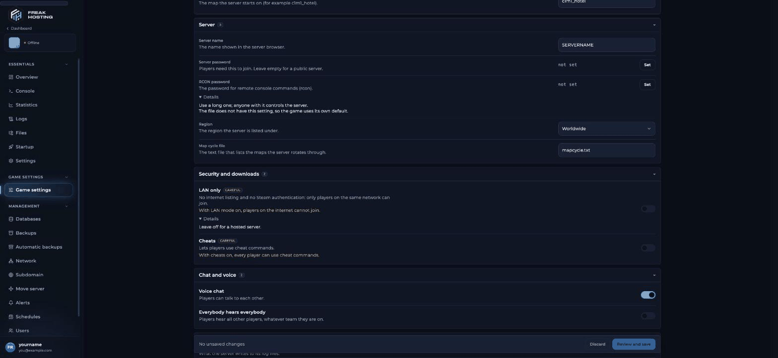 Left 4 Dead 2 Game settings page in the FREAKHOSTING Game Panel with start map, server and lobby settings