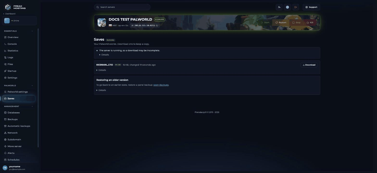 Palworld Saves page with a world marked IN USE and the Download button