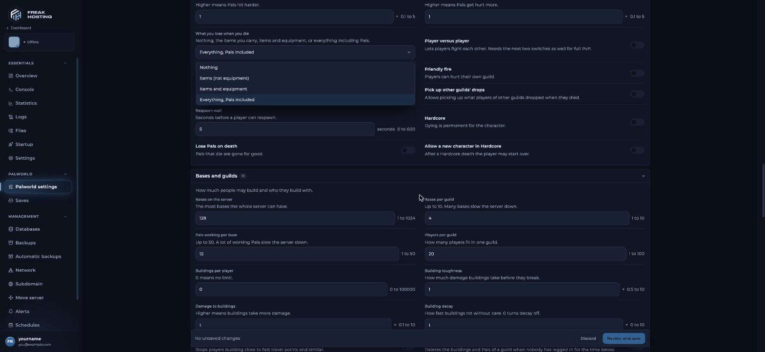 Palworld settings Bases and guilds section with Players per guild and Pals working per base