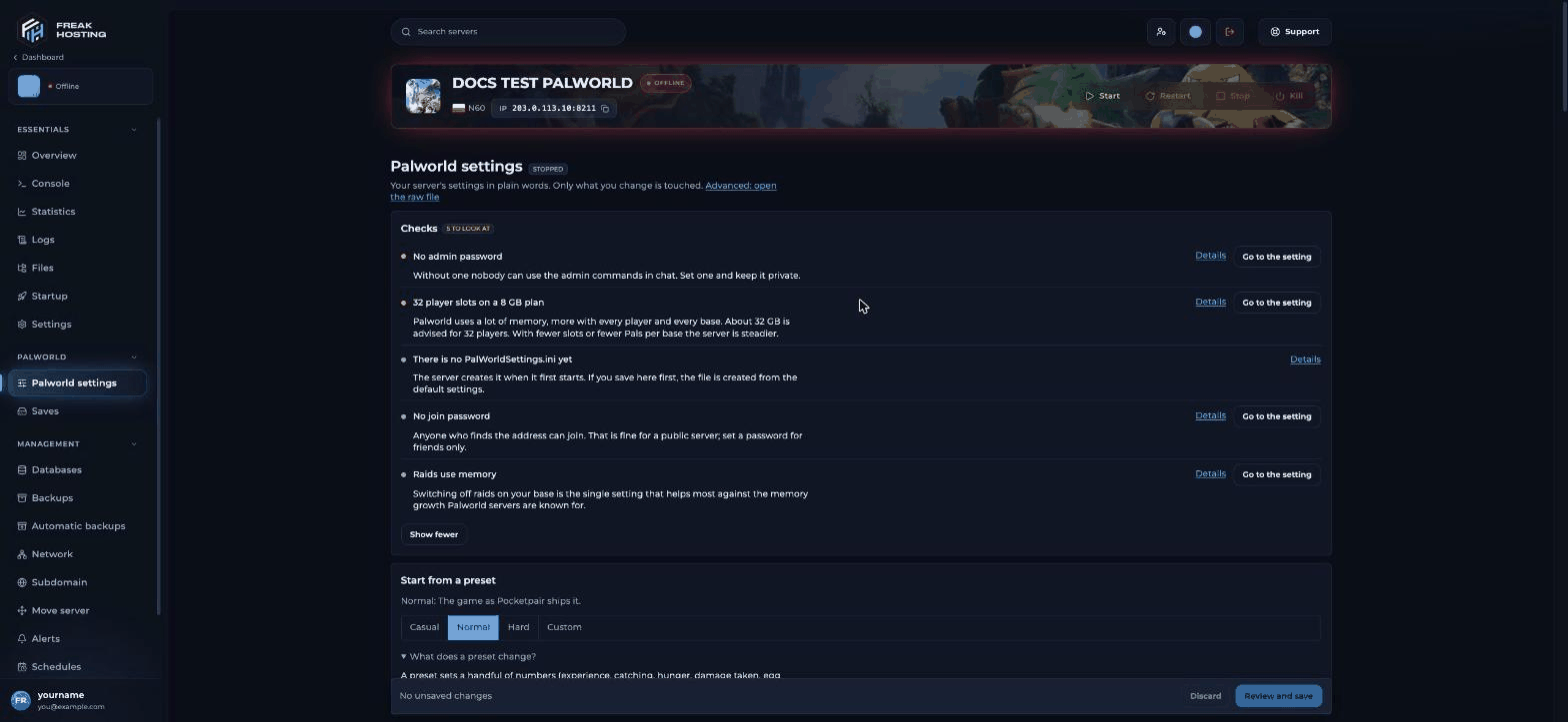 Palworld settings Checks list with No admin password and No join password