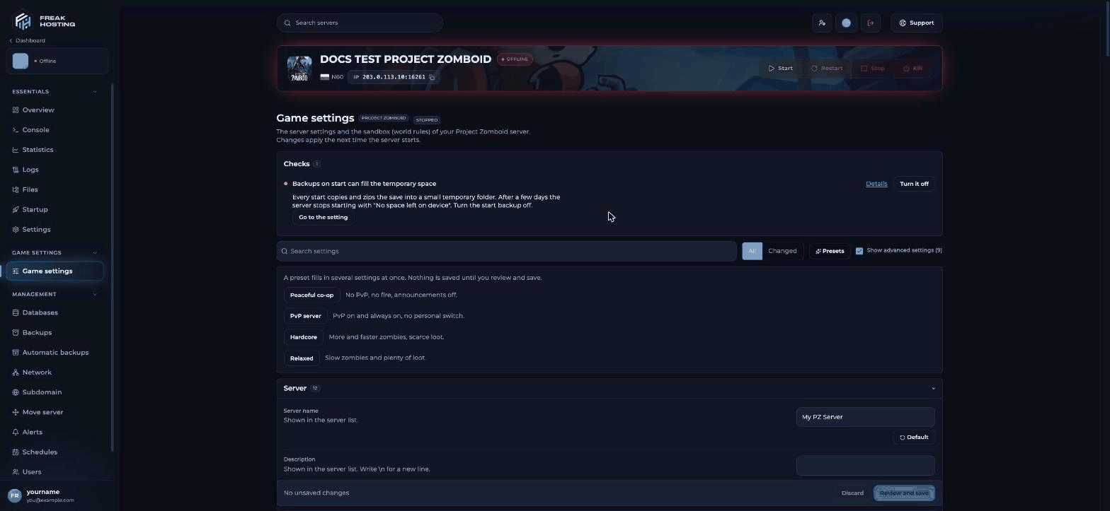 Project Zomboid server settings page in the FREAKHOSTING Game Panel with checks, presets and the Server section