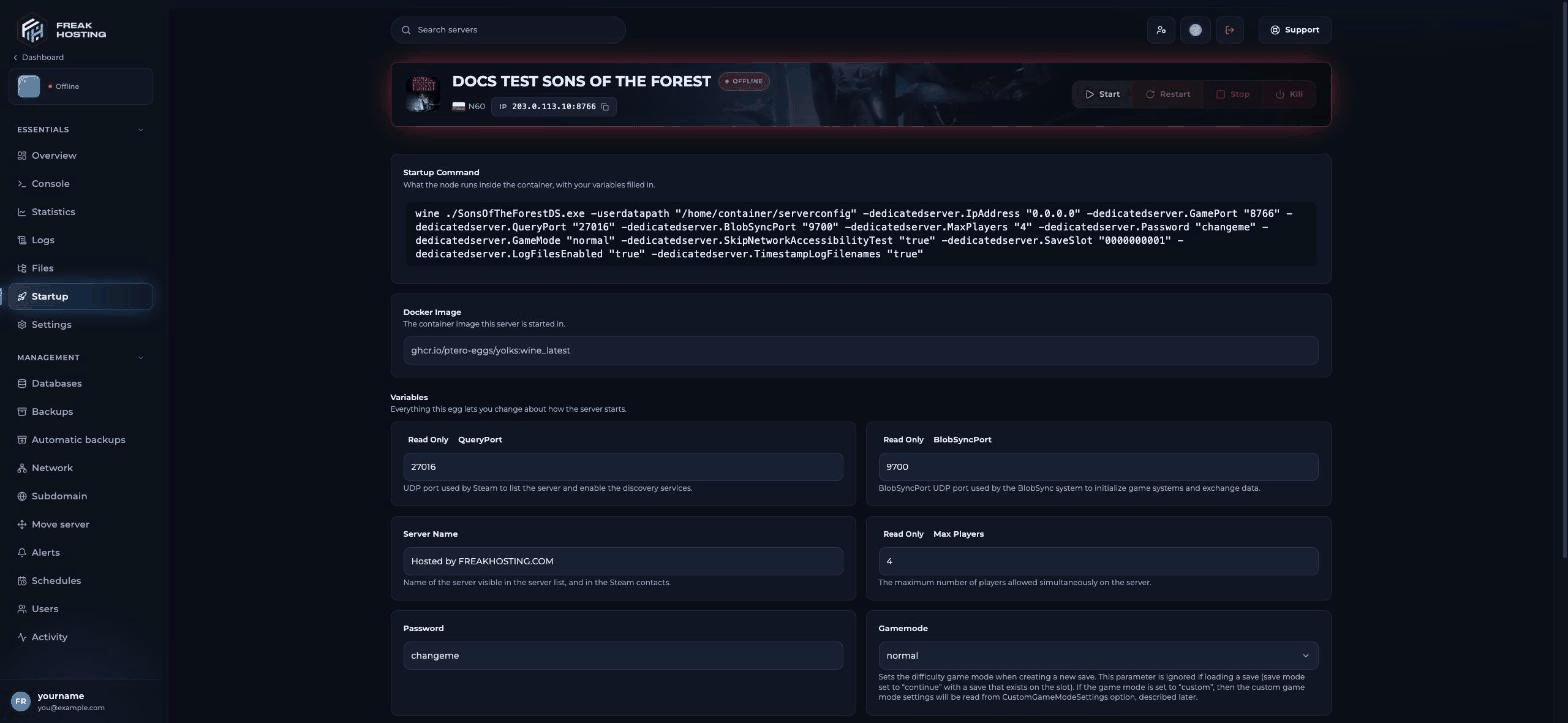 Sons of the Forest Startup page in the Game Panel with the Server Name, Password, Gamemode and Save Slot variables