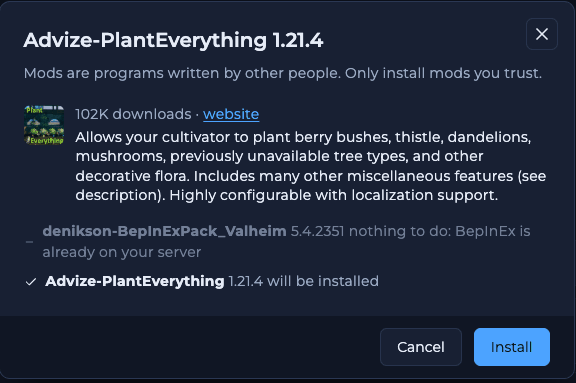 Valheim mod install dialog listing dependencies that will be installed and BepInEx already on the server