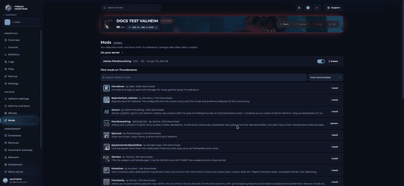 Valheim Mods page showing installed mods and the Find mods on Thunderstore search list