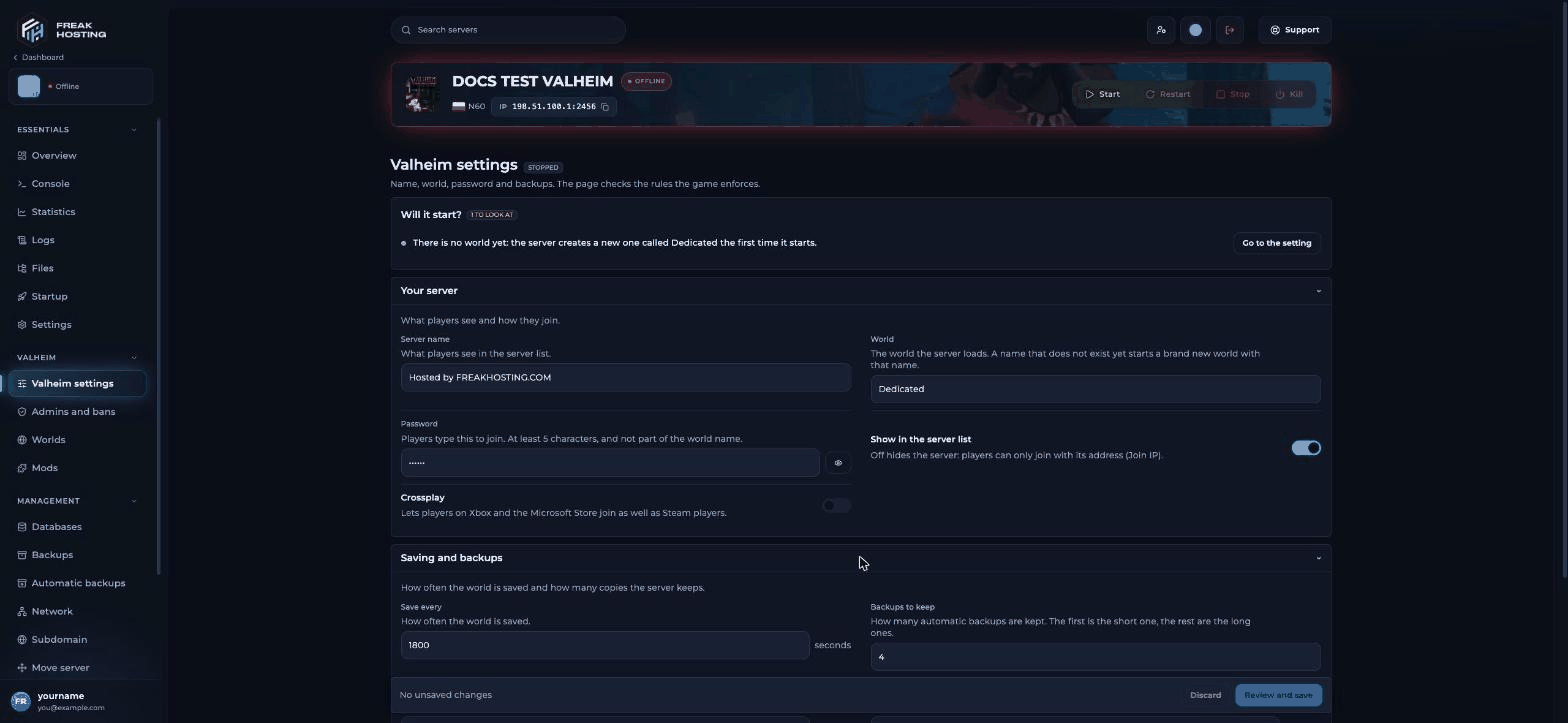 Valheim settings page with Server name, World, Password, Show in the server list and Crossplay