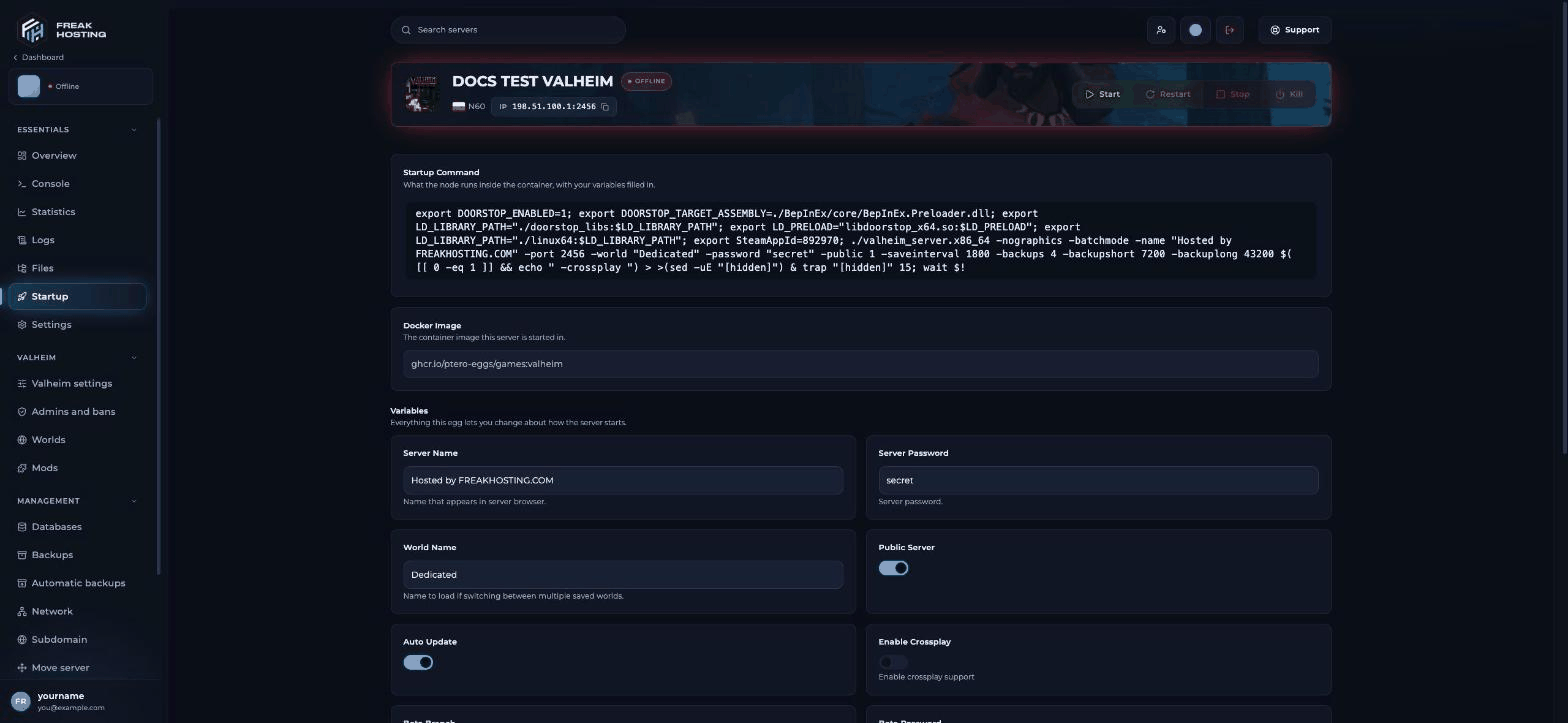 Valheim Startup page showing variables such as Server Name, World Name, Auto Update, Enable Crossplay and ModPack
