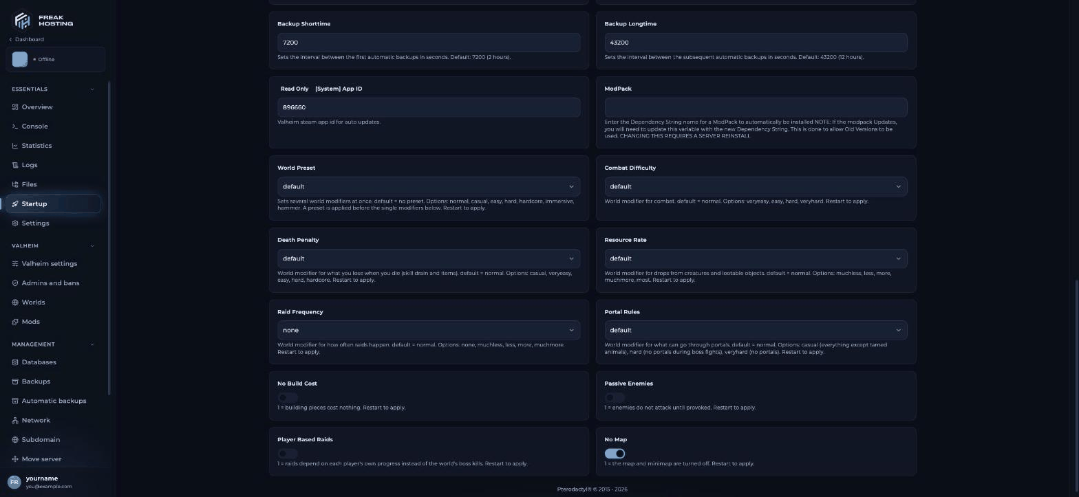 Valheim Startup page showing the No Map toggle with World Preset, Combat Difficulty and the other world modifiers