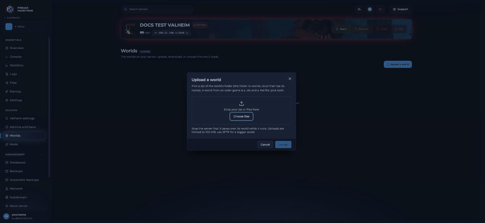 Valheim Upload a world dialog with a drop zone for a zip or .db and .fwl files