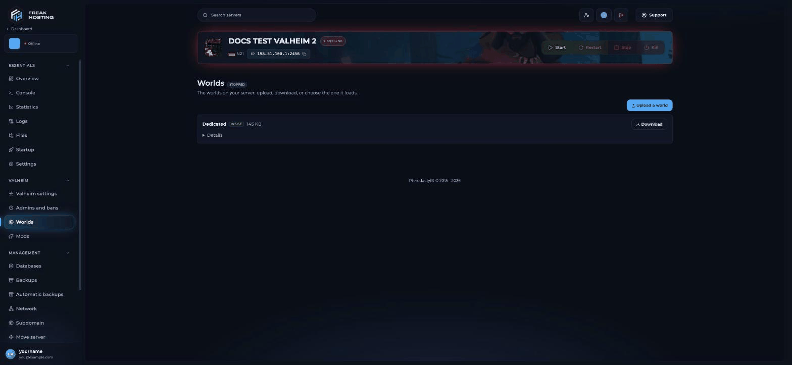 Valheim Worlds page showing a world row with the IN USE badge, its size and the Download button