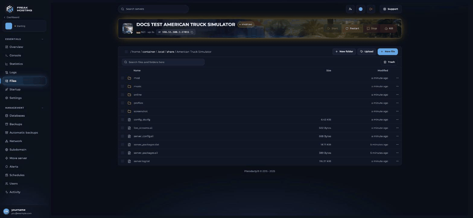 File Manager showing the American Truck Simulator config folder with server_config.sii and server_packages files