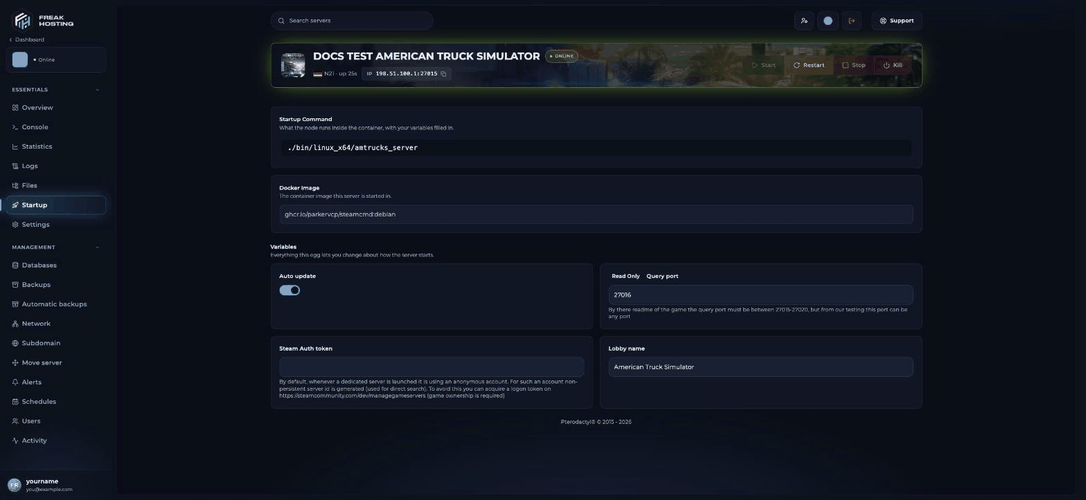 ATS Startup page with Auto update, Query port, Steam Auth token and Lobby name variables