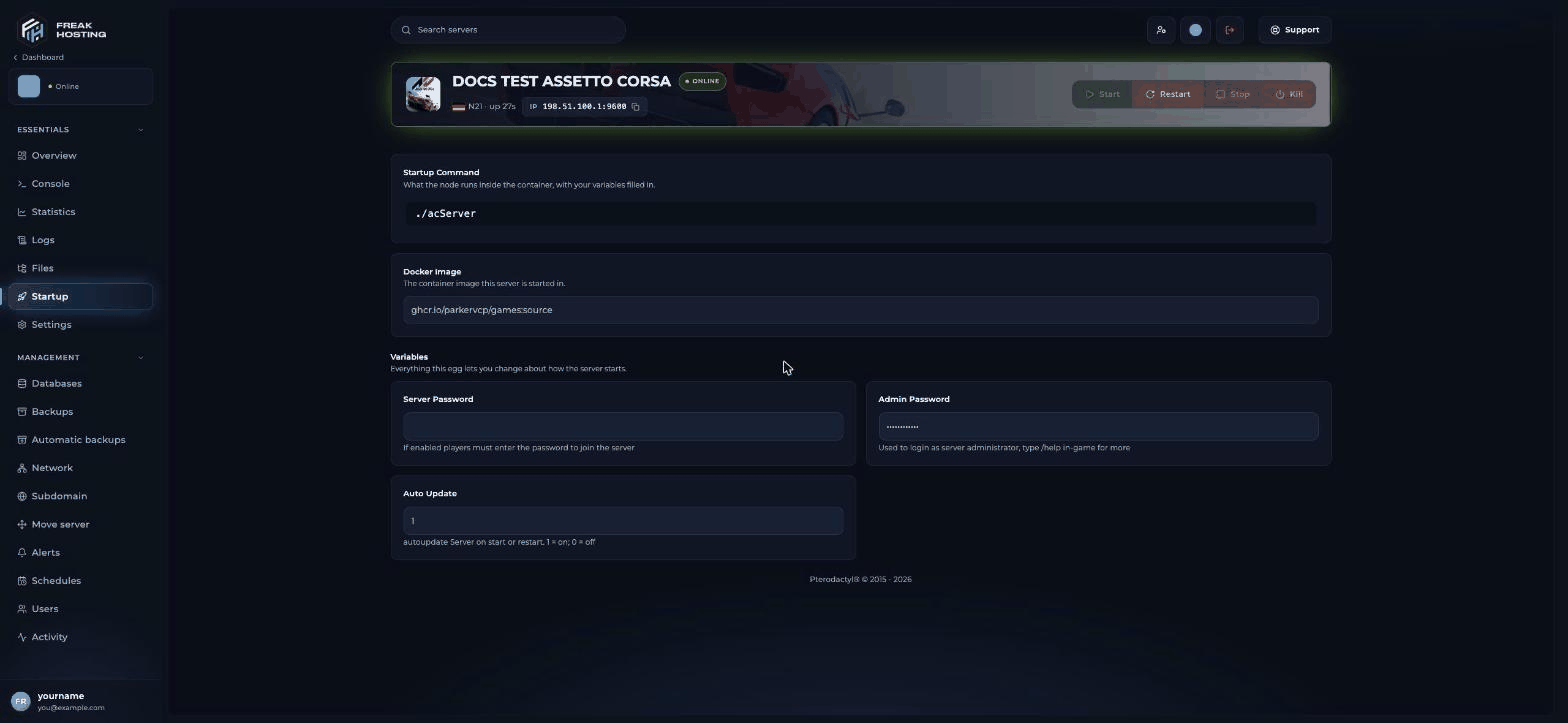 Assetto Corsa Startup page with Server Password, Admin Password and Auto Update variables