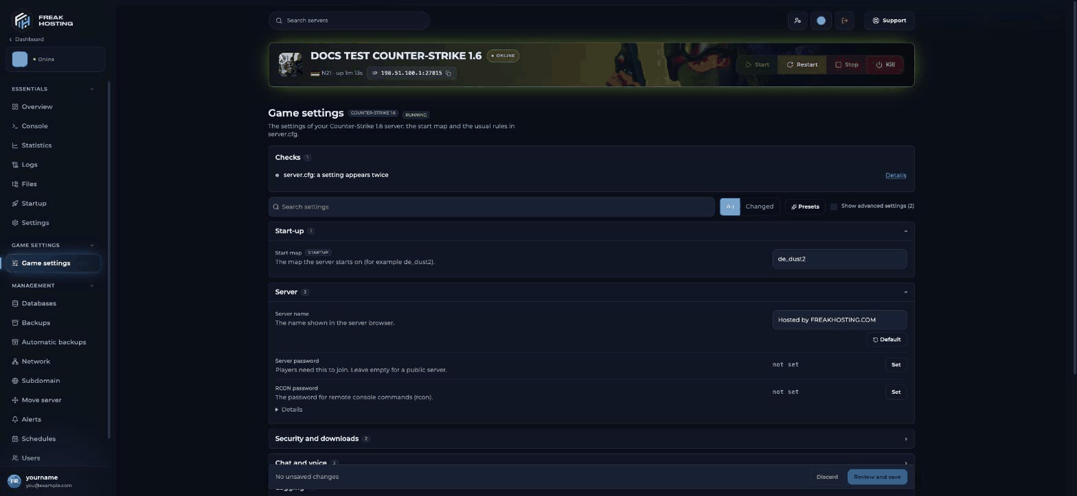 Counter-Strike 1.6 Game settings page with Checks, Start-up and Server sections