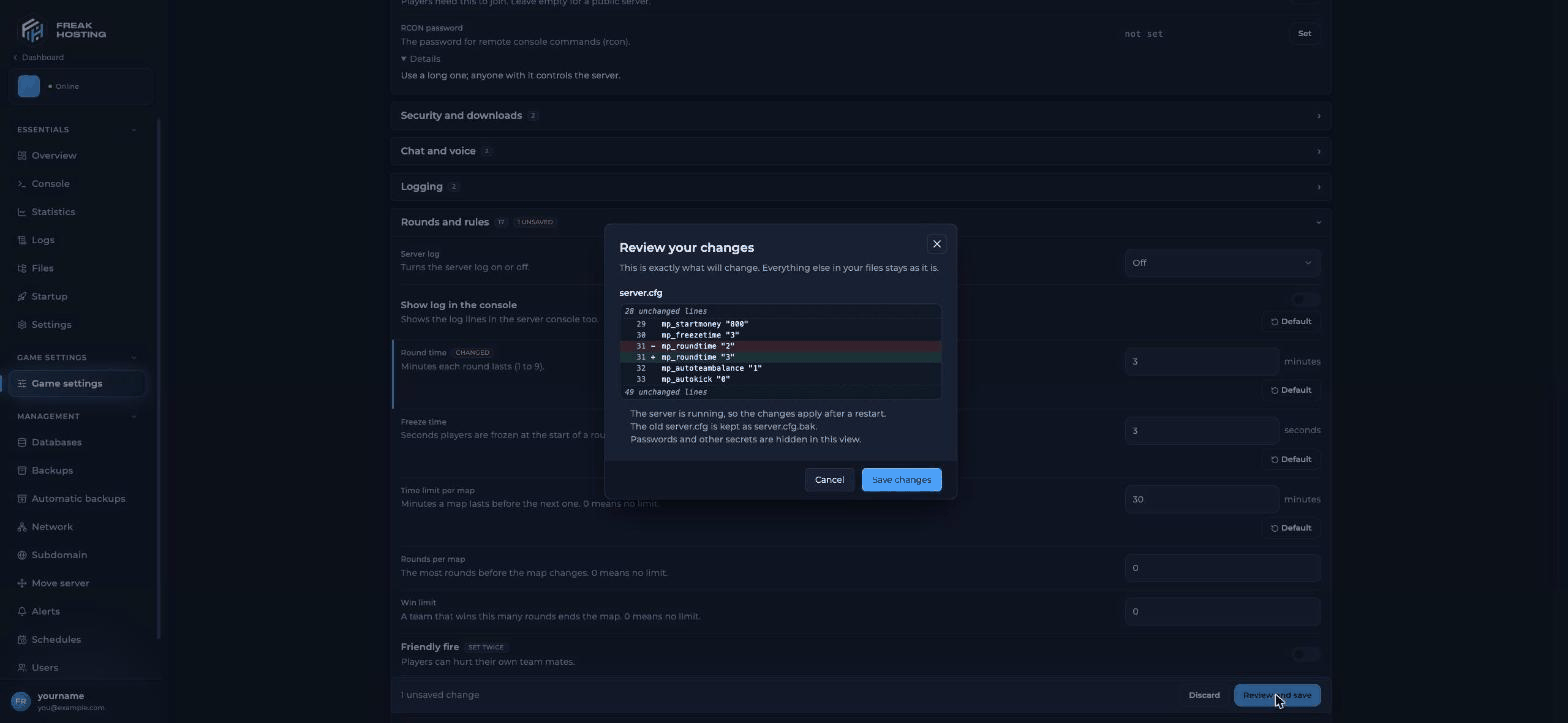 Review your changes dialog showing mp_roundtime changing from 2 to 3 in server.cfg